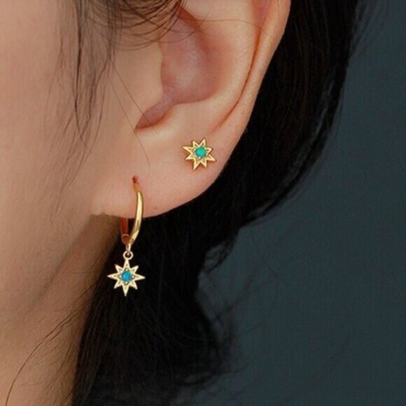 Opal Star Studs Blue opal Starburst Earrings North Star Studs Tiny Gold Studs - Picture 7 of 13